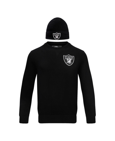Shop Pro Standard Men's  Black Las Vegas Raiders Crewneck Pullover Sweater And Cuffed Knit Hat Box Gift Se