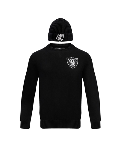 Pro Standard Men's  Black Las Vegas Raiders Crewneck Pullover Sweater And Cuffed Knit Hat Box Gift Se In Black