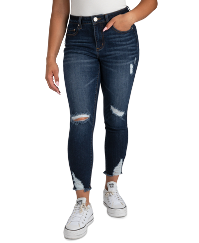 Shop Indigo Rein Juniors' Curvy Mid-rise Distress Skinny Jeans In Dark Blue