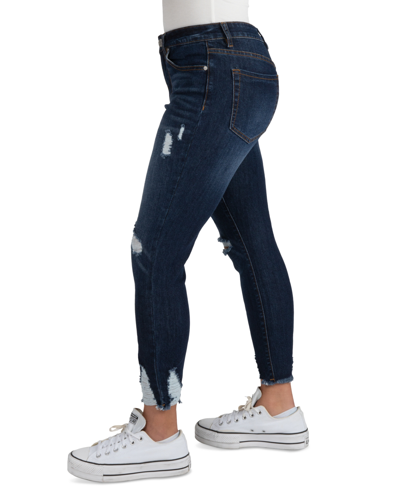 Shop Indigo Rein Juniors' Curvy Mid-rise Distress Skinny Jeans In Dark Blue