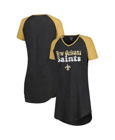 Concepts Sport Women's  Black, Gold Distressed New Orleans Saints Raglan V-neck Nightshirt In Black,gold