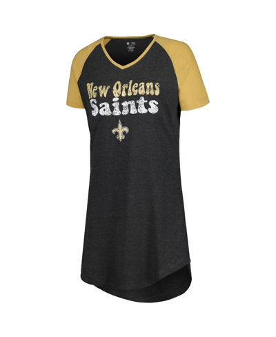 Concepts Sport Women's  Black, Gold Distressed New Orleans Saints Raglan V-neck Nightshirt In Black,gold