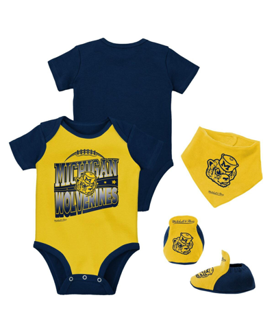 Shop Mitchell & Ness Infant Boys And Girls  Navy, Maize Michigan Wolverines 3-pack Bodysuit, Bib And Booti In Navy,maize