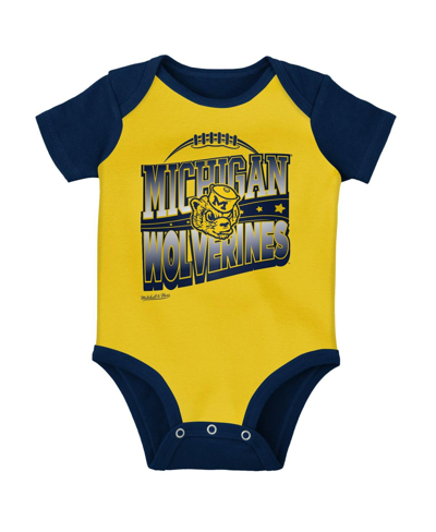 Shop Mitchell & Ness Infant Boys And Girls  Navy, Maize Michigan Wolverines 3-pack Bodysuit, Bib And Booti In Navy,maize