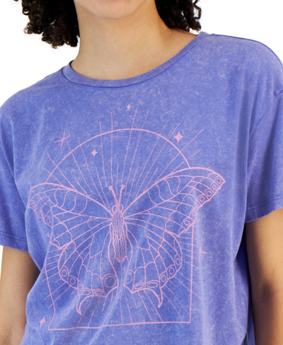 Shop Grayson Threads, The Label Juniors' Crewneck Short-sleeve Butterfly Graphic T-shirt In Blue Mineral Wash