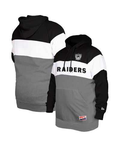 New Era Men's  Black Distressed Oakland Raiders Big And Tall Throwback Colorblock Pullover Hoodie In Black