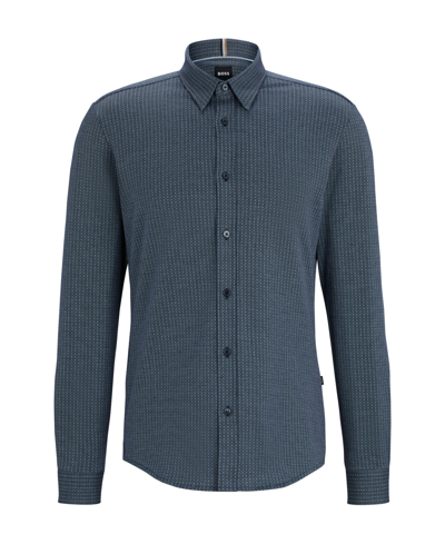 Shop Hugo Boss Boss By  Men's Structured Cotton Jacquard Slim-fit Dress Shirt In Dark Blue