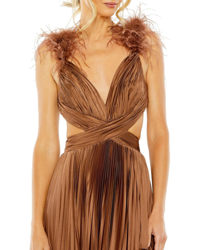 Shop Mac Duggal Women's Ieena Pleated Feather Cap Sleeve Open Back Gown In Chocolate