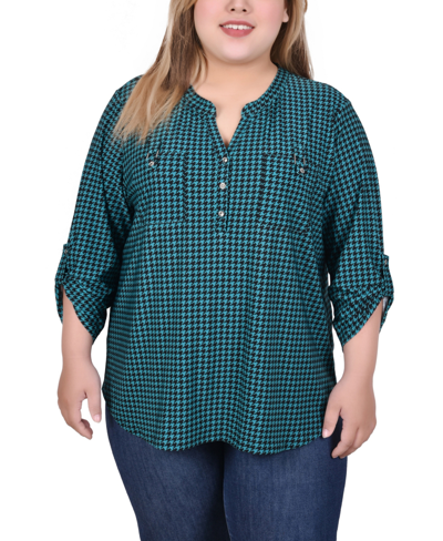 Ny Collection Plus Size Long Tab Sleeve Top With Pockets In Fanfare Black Houndstooth