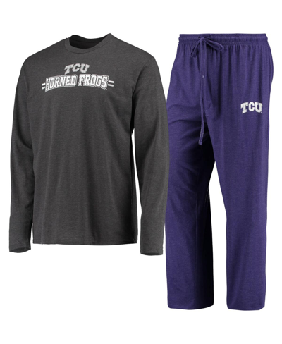 Concepts Sport Purple/heathered Charcoal Tcu Horned Frogs Meter Long Sleeve T-shirt & Pants Sleep Se In Purple,heathered Charcoal
