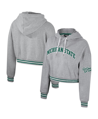 The Wild Collective Heather Gray Michigan State Spartans Cropped Shimmer Pullover Hoodie In Heather Gray