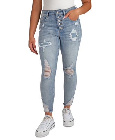 Shop Indigo Rein Juniors' Curvy High-rise Distress Crop Jeans In Light Blue