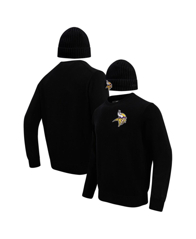 Pro Standard Men's  Black Minnesota Vikings Crewneck Pullover Sweater And Cuffed Knit Hat Box Gift Se In Black