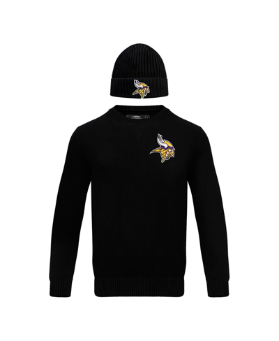 Pro Standard Men's  Black Minnesota Vikings Crewneck Pullover Sweater And Cuffed Knit Hat Box Gift Se In Black