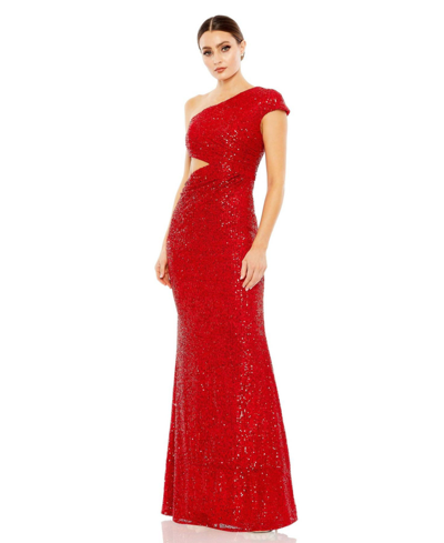 Shop Mac Duggal Women's Ieena Sequined One Shoulder Cap Sleeve Cut Out Gown In Red