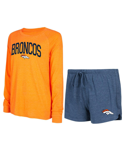 Concepts Sport Women's  Navy, Orange Denver Broncos Raglan Long Sleeve T-shirt And Shorts Lounge Set In Navy,orange