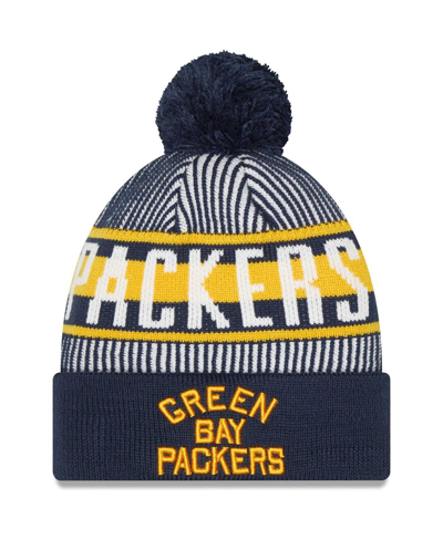 Shop New Era Men's  Navy Green Bay Packers Striped Cuffed Knit Hat With Pom