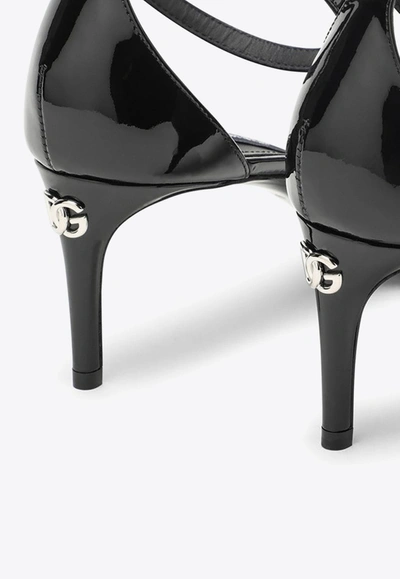Shop Dolce & Gabbana 60 Logo-plaque Patent-leather Sandals In Black