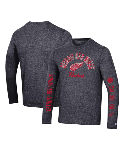 Shop Champion Men's  Heather Black Distressed Detroit Red Wings Multi-logo Tri-blend Long Sleeve T-shirt