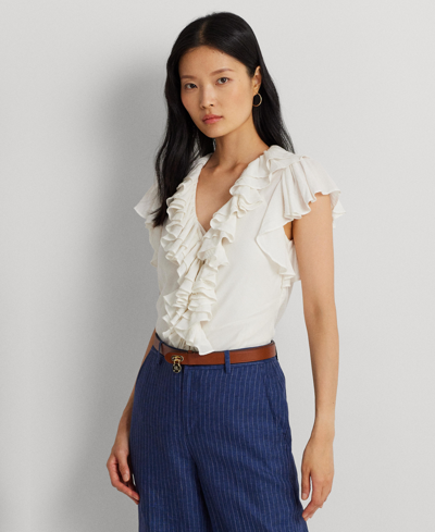 Shop Lauren Ralph Lauren Women's Ruffle-trim Gauze Flutter-sleeve Shirt In Mascarpone Cream
