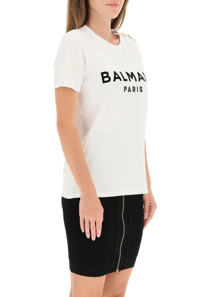 Shop Balmain T Shirt With Logo Print And Embossed Buttons