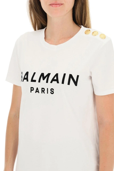 Shop Balmain T Shirt With Logo Print And Embossed Buttons