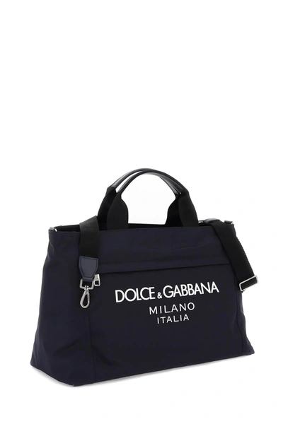 Shop Dolce & Gabbana Rubberized Logo Nylon Duffle Bag