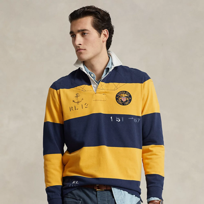 Shop Ralph Lauren Classic Fit Striped Jersey Rugby Shirt In Basic Gold/ Newport Navy