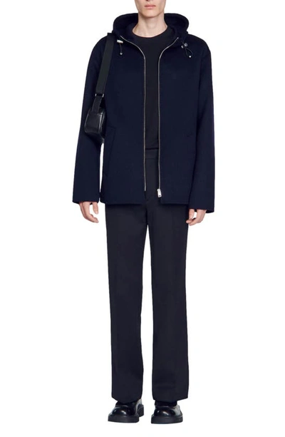 Shop Sandro Surf Hooded Double Face Wool Blend Jacket In Navy