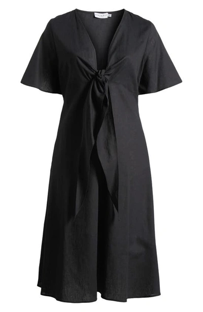 Shop Harshman Fiorella Tie Front Linen Blend Midi Dress In Black
