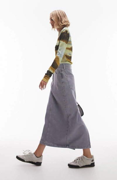 Shop Topshop Denim Midi Skirt In Grey
