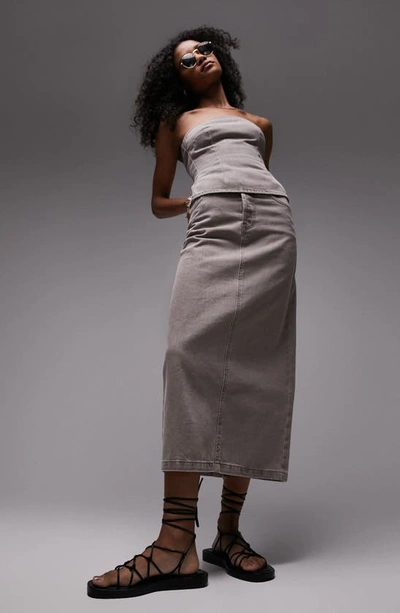 Shop Topshop Denim Midi Skirt In Stone
