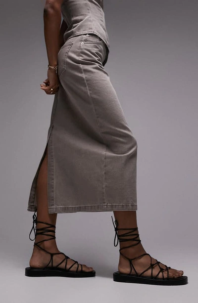 Shop Topshop Denim Midi Skirt In Stone