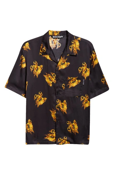 Shop Palm Angels Burning Monogram Camp Shirt In Black Gold