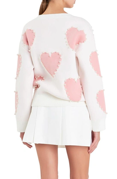 Shop English Factory Heart Imitation Pearl Sweater In Cream Multi
