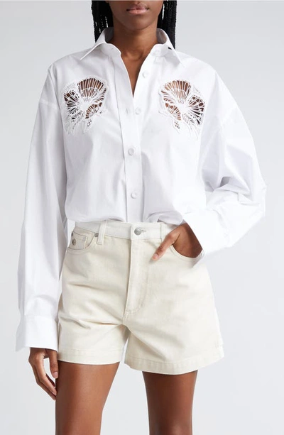 Shop Stella Mccartney Cornelli Floral Embroidered Cutout Oversize Cotton Button-up Shirt In Pure White