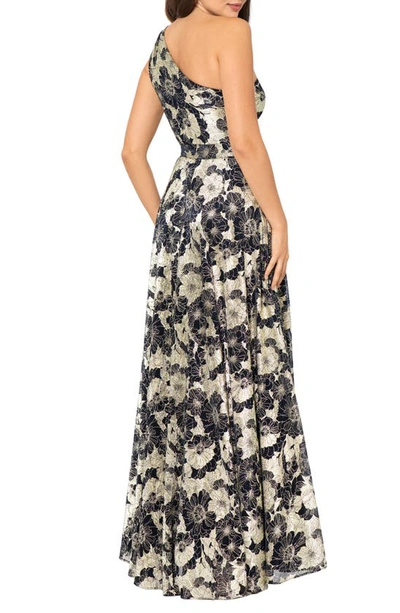 Betsy & Adam Metallic-floral One-shoulder Gown In Navy/ Gold