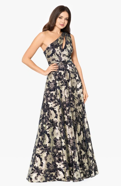 Betsy & Adam Metallic-floral One-shoulder Gown In Navy/ Gold