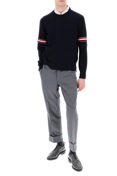 Shop Thom Browne Crew Neck Sweater With Tricolor Intarsia