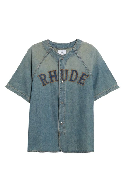 Shop Rhude Embroidered Logo Denim Baseball Shirt In Dark Indigo