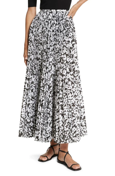Shop Michael Kors Floral Print Pleated Poplin Maxi Skirt In Black/ Optic White