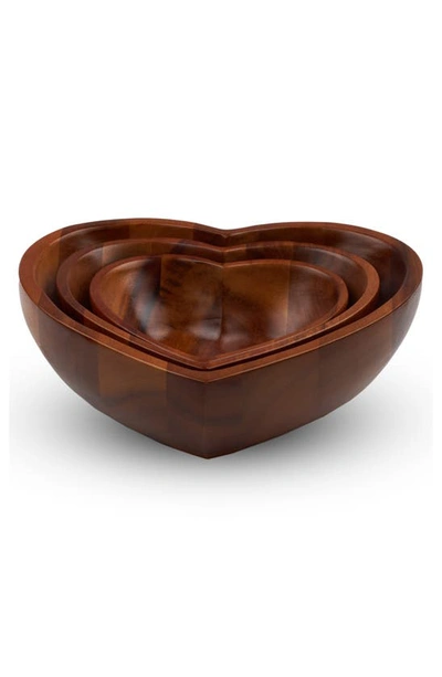 Nambe Eat Your Heart Set Of Three Acaia Wood Nesting Bowls In Brown