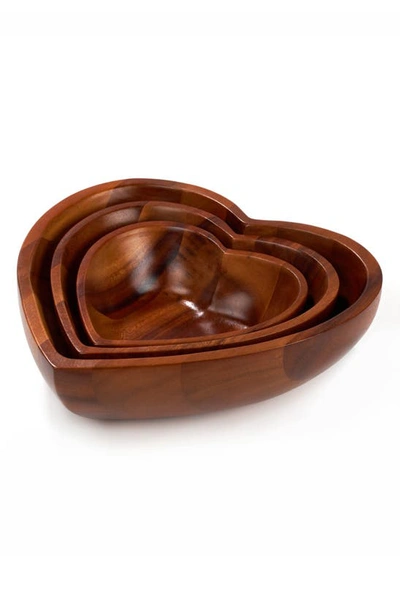Nambe Eat Your Heart Set Of Three Acaia Wood Nesting Bowls In Brown