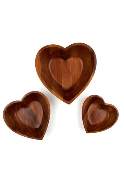 Nambe Eat Your Heart Set Of Three Acaia Wood Nesting Bowls In Brown