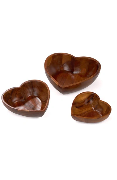 Nambe Eat Your Heart Set Of Three Acaia Wood Nesting Bowls In Brown