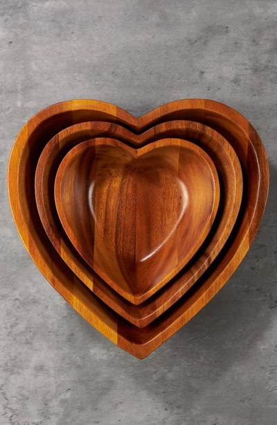 Nambe Eat Your Heart Set Of Three Acaia Wood Nesting Bowls In Brown