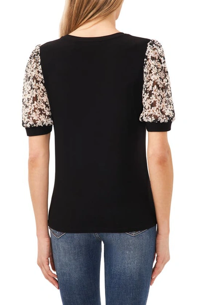 Cece Daisy Puff Sleeve Mix Media Top In Rich Black