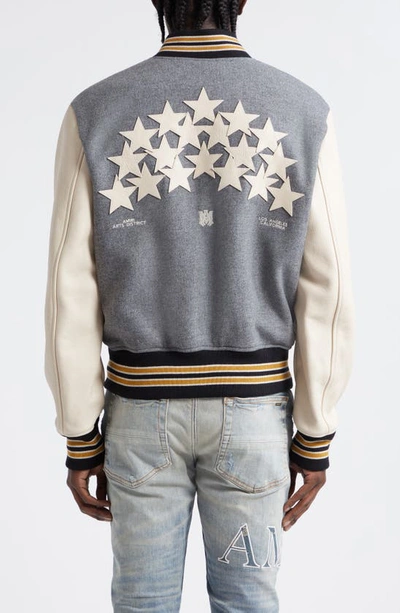 Shop Amiri Star Appliqué Leather Sleeve Virgin Wool Blend Varsity Jacket In Grey