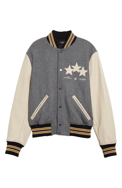 Shop Amiri Star Appliqué Leather Sleeve Virgin Wool Blend Varsity Jacket In Grey