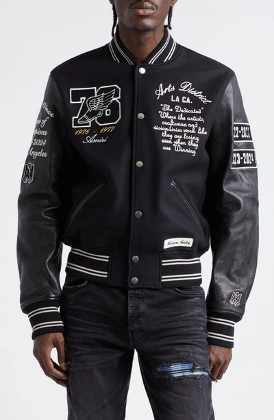 Shop Amiri Eagle Patch Oversize Leather Sleeve Wool Blend Varsity Jacket In Black